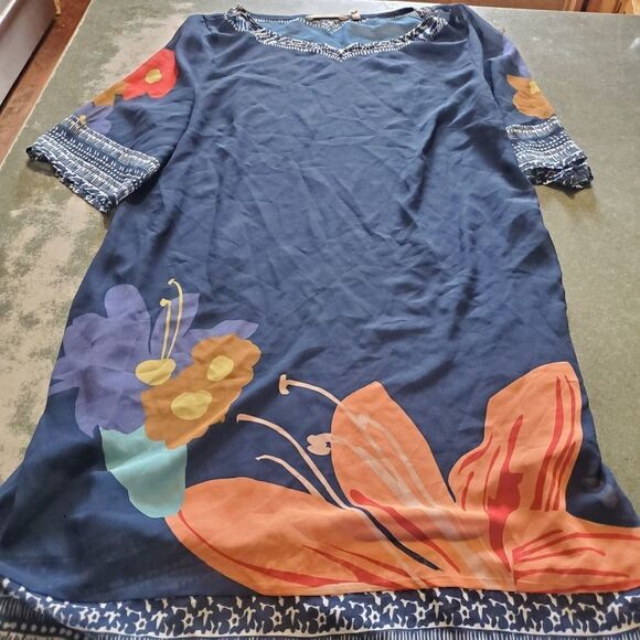 SOFT SURROUNDINGS Hibiscus Shift Dress XSP Blue Flower Sheer sz PM - Picture 4 of 4